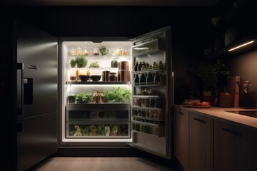 CGI Image of a Modern Illuminated Closed Refrigerator with a Glass Door, Full of Fresh Groceries, in a Modern Kitchen, Evoking Clean Comfort and Nutritious Vegetables