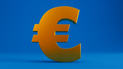 Fototapeta premium 3D render of gold euro sign on colord blue background, gold 1 euro