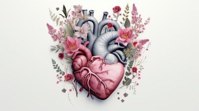 Human heart with flowers and leaves on white background, Colored, creative illustration. Visual for design of medical