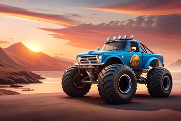 Fototapeta na wymiar Illustration of a fiery monster truck in cartoon style, perfect for kids. Created with Generative AI technology