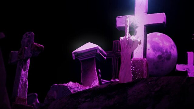 Zombie hand rising out from the ground. Halloween background with cemetery, zombie hands render 3d animation, video.