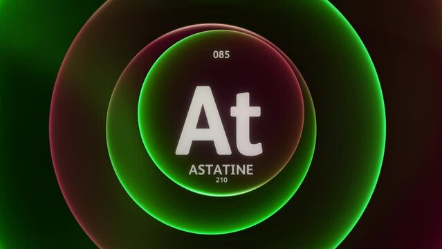 Astatine as Element 85 of the Periodic Table. Concept animation on abstract green red gradient rings seamless loop background. Title design for science content and infographic showcase backdrop.