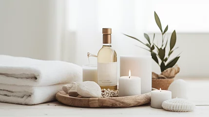 Foto auf Acrylglas Wellness and Spa: spa accessories, candles, essential oils, and bath salts in a peaceful setting Generative AI © Nico Vincentini