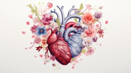 Human heart with flowers and leaves on white background, Colored, creative illustration. Visual for design of medical