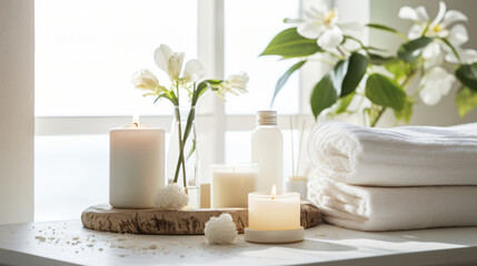 Wellness and Spa: spa accessories, candles, essential oils, and bath salts in a peaceful...