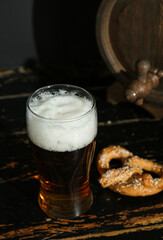 Glass of cold beer on table. Oktoberfest celebration