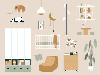 Baby room set with wardrobe, cot, shelves, table for drawing and chairs, toys etc. Nursery elements in Japandi or Scandinavian Style. Vector Interior background collection