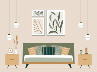 Modern bedroom interior with a stylish combination of trendy earth tones. Bed with pillows, pictures, lamp, night tables. Modern bedroom in Japandi or Scandinavian Style. Vector Interior background