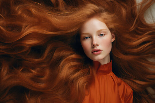 portrait of a woman/model/book character in a close up with long red/copper hair in a fashion/beauty editorial magazine style film photography look - generative ai art