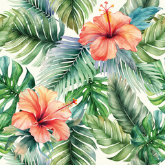 Watercolor tropical background. Seamless realistic vector botanical pattern.  Watercolor pattern with exotic flowers
