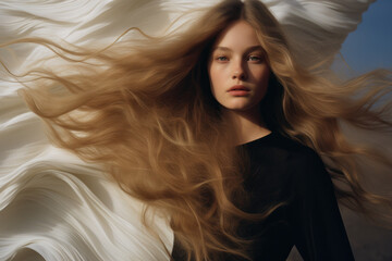 portrait of a woman/model/book character in a close up with long blonde hair in a fashion/beauty editorial magazine style film photography look  - generative ai art
