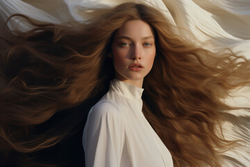 portrait of a woman/model/book character in a close up with long blonde hair in a fashion/beauty editorial magazine style film photography look  - generative ai art