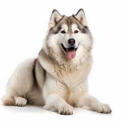 Fototapeta premium Malamute close up portrait isolated on white background. Cute pet, loyal friend, good companion, generative AI