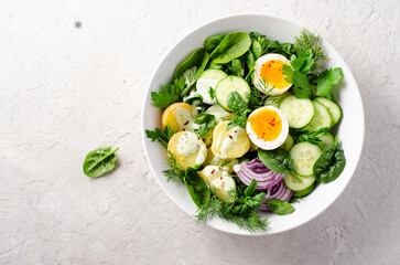 Green Buddha Bowl with Fresh Herbs and Vegetables, Healthy Balanced Meal, Bowl or Salad with Young Potatoes, Cucumber, Lettuce, Egg and Herb Dressing