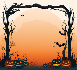 black cat, kitty and jack o lantern pumpkins halloween template dark with smoke fog background,many bats, spiders, cats with witch hat generative ai, orange purple colors