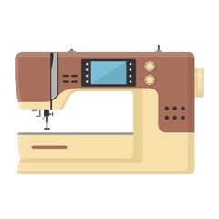 Sewing machine isolated on white background. Modern machine for sewing icon. Mechanical device for stitching fabric and creating garments. Equipment of a dressmaker. Vector illustration