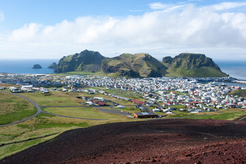Heimaey town aerial view from Eldfell volcano.