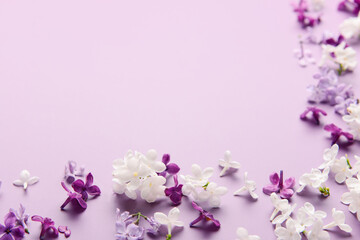 Composition with different beautiful lilac flowers on pink background, closeup