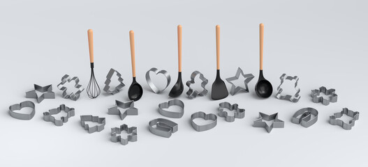 Set of metal cookie cutters and wooden kitchen utensils on white background