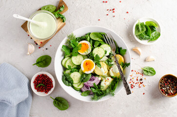 Green Buddha Bowl with Fresh Herbs and Vegetables, Healthy Balanced Meal, Bowl or Salad with Young Potatoes, Cucumber, Lettuce, Egg and Herb Dressing