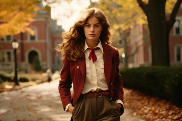 portrait of a woman/model/book character standing at an old Ivy League campus in preppy clothes fashion/beauty editorial magazine style film photography look  - generative ai art
