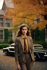 Obraz na płótnie Canvas portrait of a woman/model/book character standing at an old Ivy League campus in preppy clothes fashion/beauty editorial magazine style film photography look - generative ai art