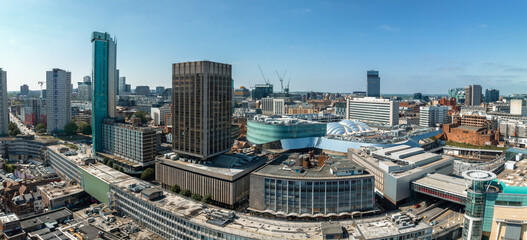 View of the skyline of Birmingham, UK including The church of St Martin, the Bullring shopping...