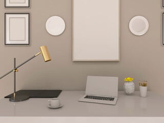 Room interior, desktop with computer 3d render, 3d illustration