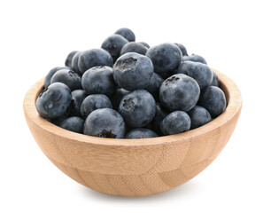 Bowl with ripe fresh blueberry on white background