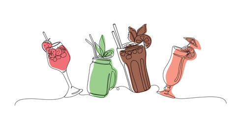 Cocktails set with one continuous line art style. Vector linear abstract illustration. Party, pub, restoraunt, club element for prints, textile, posters, cards.  Fresh and cold alcohol coctail. 