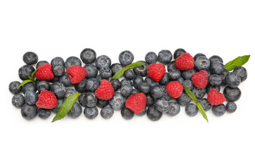 Ripe raspberry and blueberry on white background