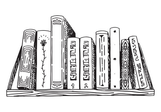 Outline drawing of hanging bookshelf. A stack of books. Hand drawn vector illustration. Engraving retro style clipart isolated on white background.
