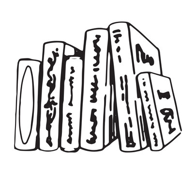 Outline doodle of stack of books. Hand drawn vector illustration. Engraving retro style clipart isolated on white background.