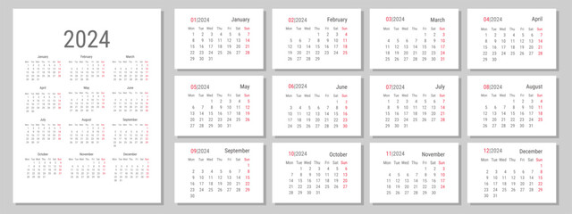 2024 calendar planner template. Monthly minimalistic calendar  with 12 pages.