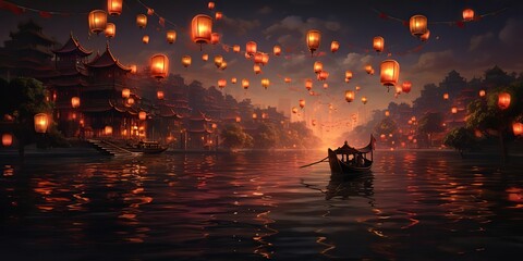AI Generated. AI Generative. Chinese asian city river harbor tradition holiday with fly lanterns with floating on water reflection. Graphic Art
