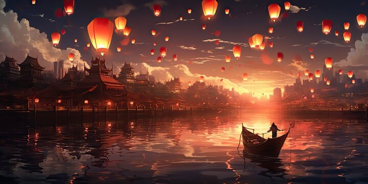 AI Generated. AI Generative. Chinese asian city river harbor tradition holiday with fly lanterns with floating on water reflection. Graphic Art