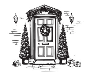 Door decoration, Christmas card poster banner, Vector, Hand drawn illustration.