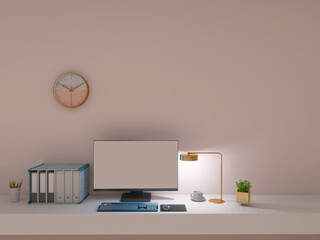 Room interior, desktop with computer 3d render, 3d illustration