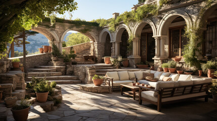 Fototapeta na wymiar 3D render Antique Roman Home and Garden, relaxation Creating a Harmonious Fusion of Outdoor Spaces