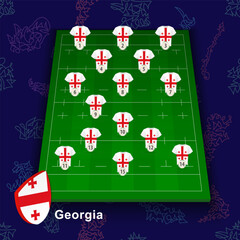 Georgia national rugby team on the rugby field. Illustration of players position on field.