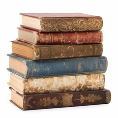 Stack of antique vintage old books isolated on white background, reading in old library and education, generative ai