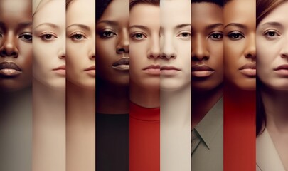 Full face shots of diverse group of people of same age but of different ethnicities. Ai generative