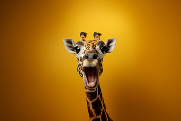 Fototapety  Amazed surprised giraffe pet with a curious face with open mouth at on yellow background. Website banner concept. Advertising postcards, notebooks. Generative AI Technology