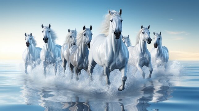 A group of white horses running across a body of water. Generative AI image.