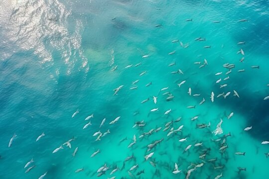 Photographic Close-Up of Flying over an Ocean Reef Teeming with Sharks, Showcasing the Enchanting Light Blue and Turquoise Hues of Australia's Coastal Landscapes
