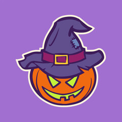 Pumpkin scarecrow head sticker in cartoon style for print and design. Vector illustration.