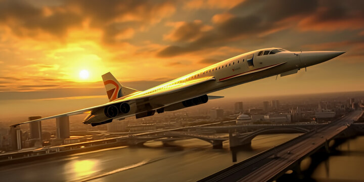 Exterior view of Concorde airplane as representation of generic supersonic plane, symbol of the future of the passenger aviation - Generative AI