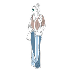 Boho woman abstract outline one line drawing color shapes beige and blue continuous in jeans and glasses in loose shirt.For poster, design, web