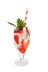 Glass of fresh lemonade with strawberry and mint on white background
