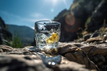 Fototapeta na wymiar glass of water with lemon, Photographic Capture of a Freshly Dewed Glass of Water with a Lemon on a Stone in a Wild Torrent, Embracing the Beauty of a Waterfall, Summers Perfect Light, Blue Sky